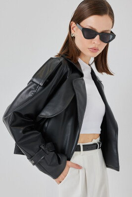 Kadın Oversize Deri Mont Ceket 1047 - Siyah - 3