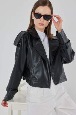 Kadın Oversize Deri Mont Ceket 1047 - Siyah - 4