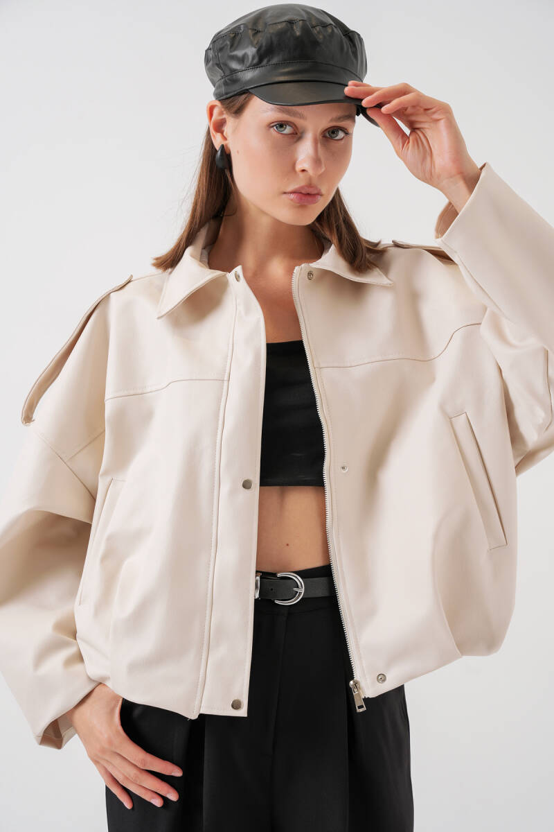 Kadın Oversize Deri Ceket 1055 - Ekru - BİGDART