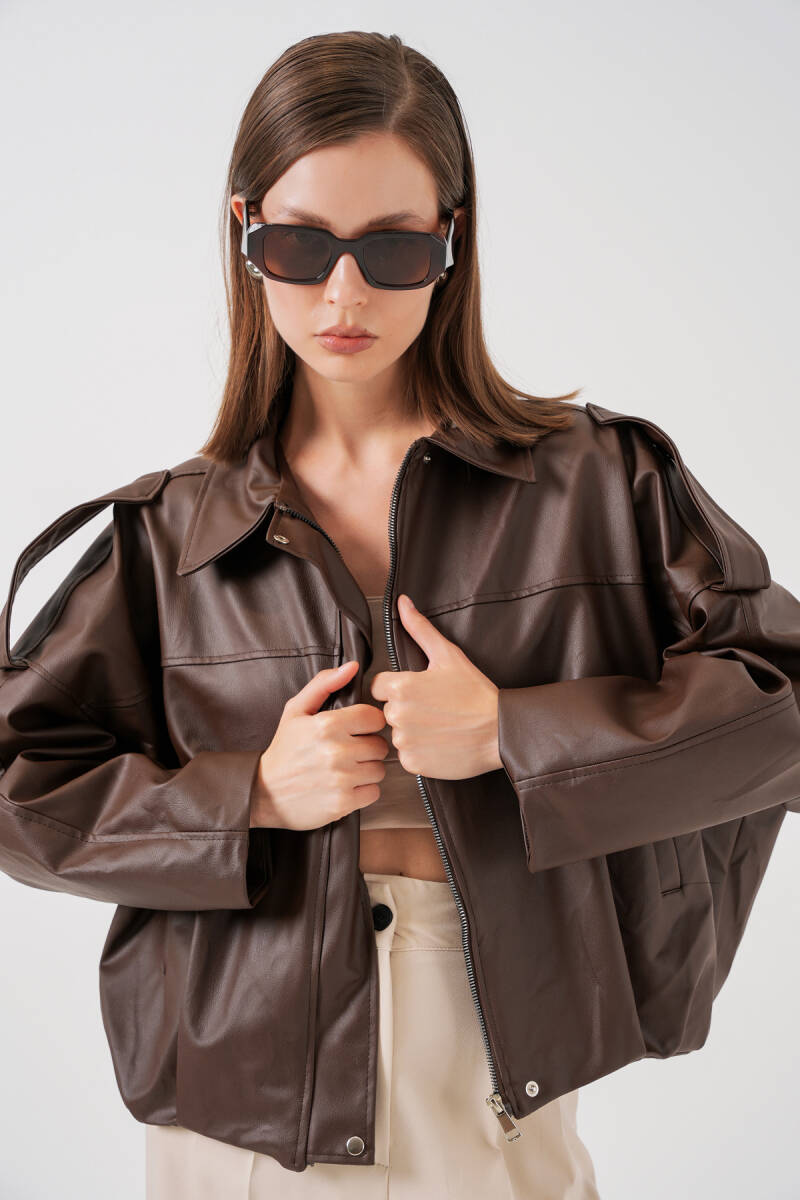 Kadın Oversize Deri Ceket 1055 - Kahverengi - BİGDART