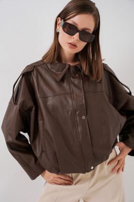 Kadın Oversize Deri Ceket 1055 - Kahverengi - 3