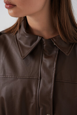 Kadın Oversize Deri Ceket 1055 - Kahverengi - 5
