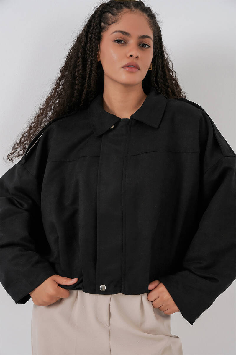 Kadın Siyah Oversize Süet Ceket 1055 - BİGDART