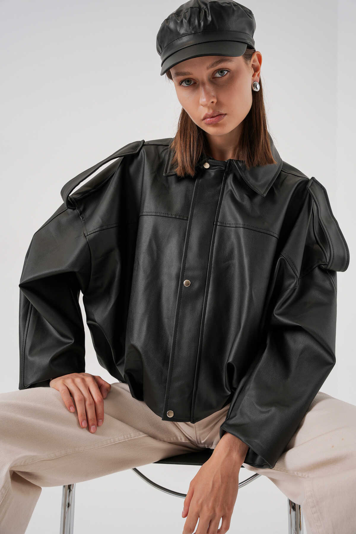Kadın Oversize Deri Ceket 1055 - Siyah - 1
