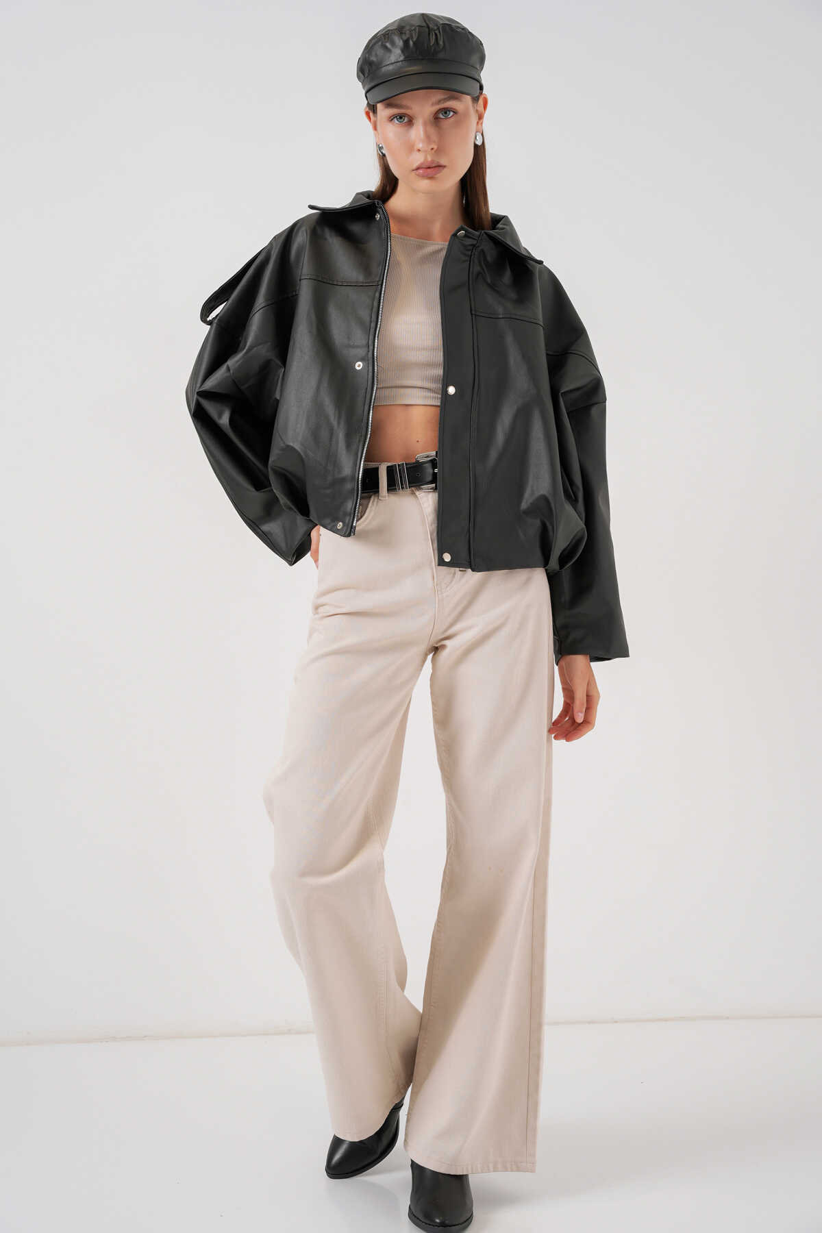 Kadın Oversize Deri Ceket 1055 - Siyah - 2