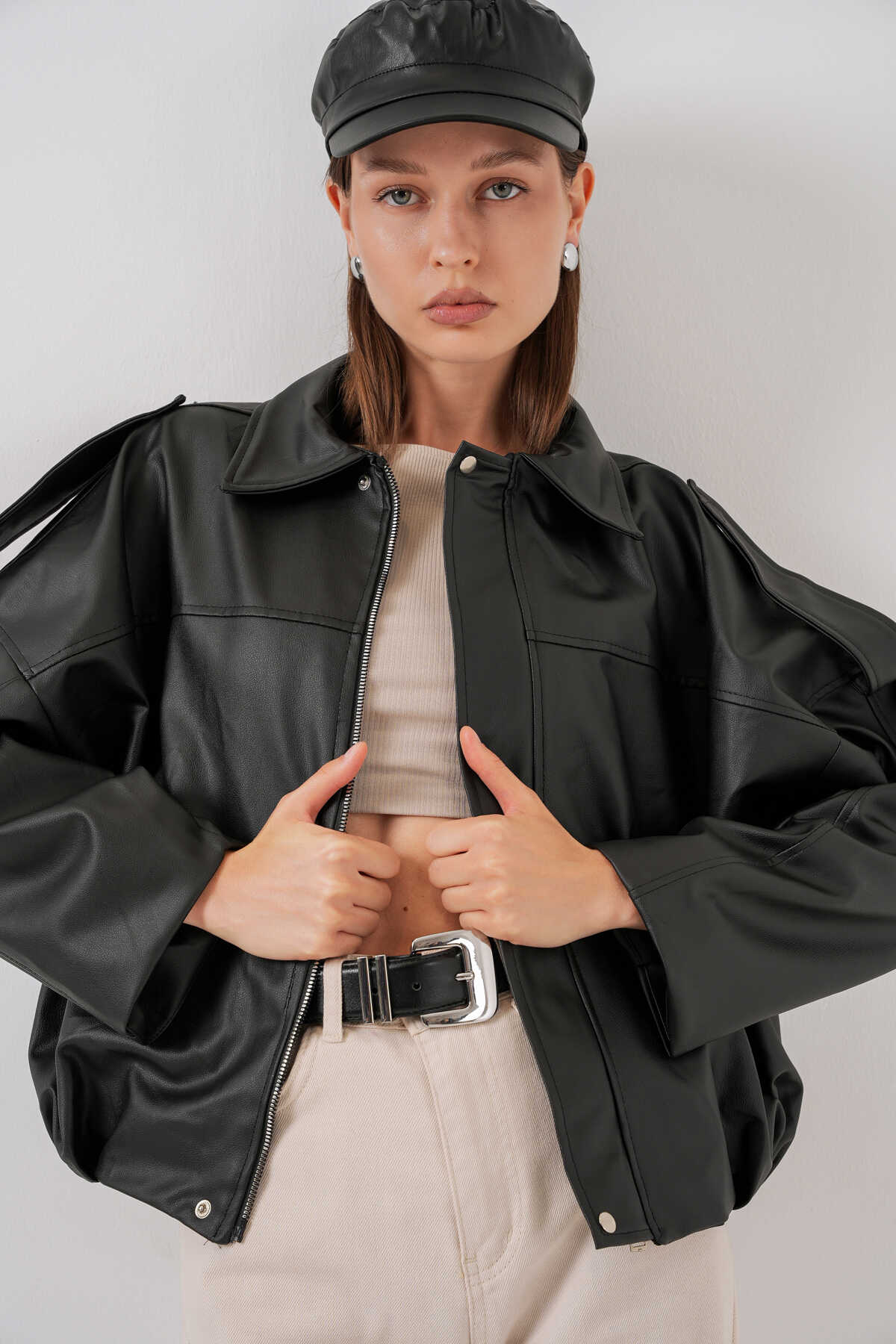 Kadın Oversize Deri Ceket 1055 - Siyah - 3