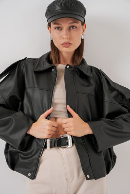 Kadın Oversize Deri Ceket 1055 - Siyah - 3