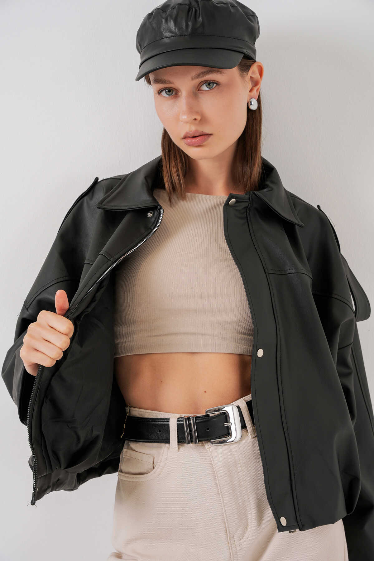 Kadın Oversize Deri Ceket 1055 - Siyah - 4