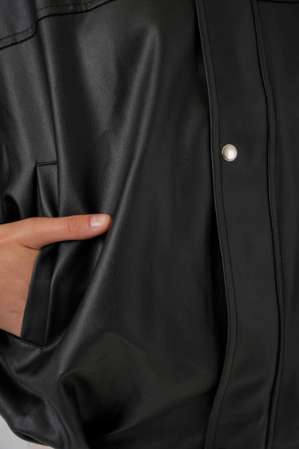 Kadın Oversize Deri Ceket 1055 - Siyah - 5