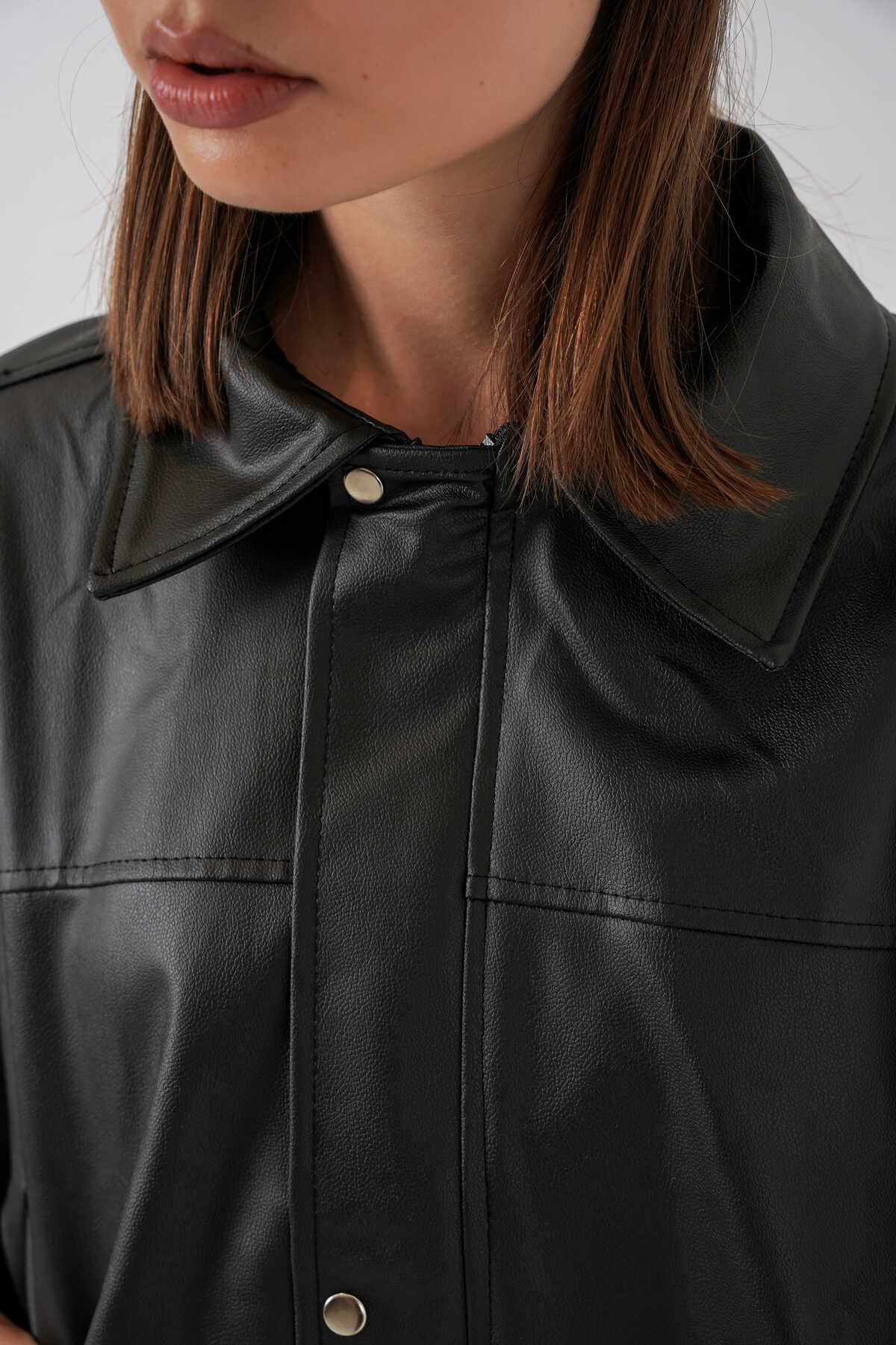 Kadın Oversize Deri Ceket 1055 - Siyah - 6