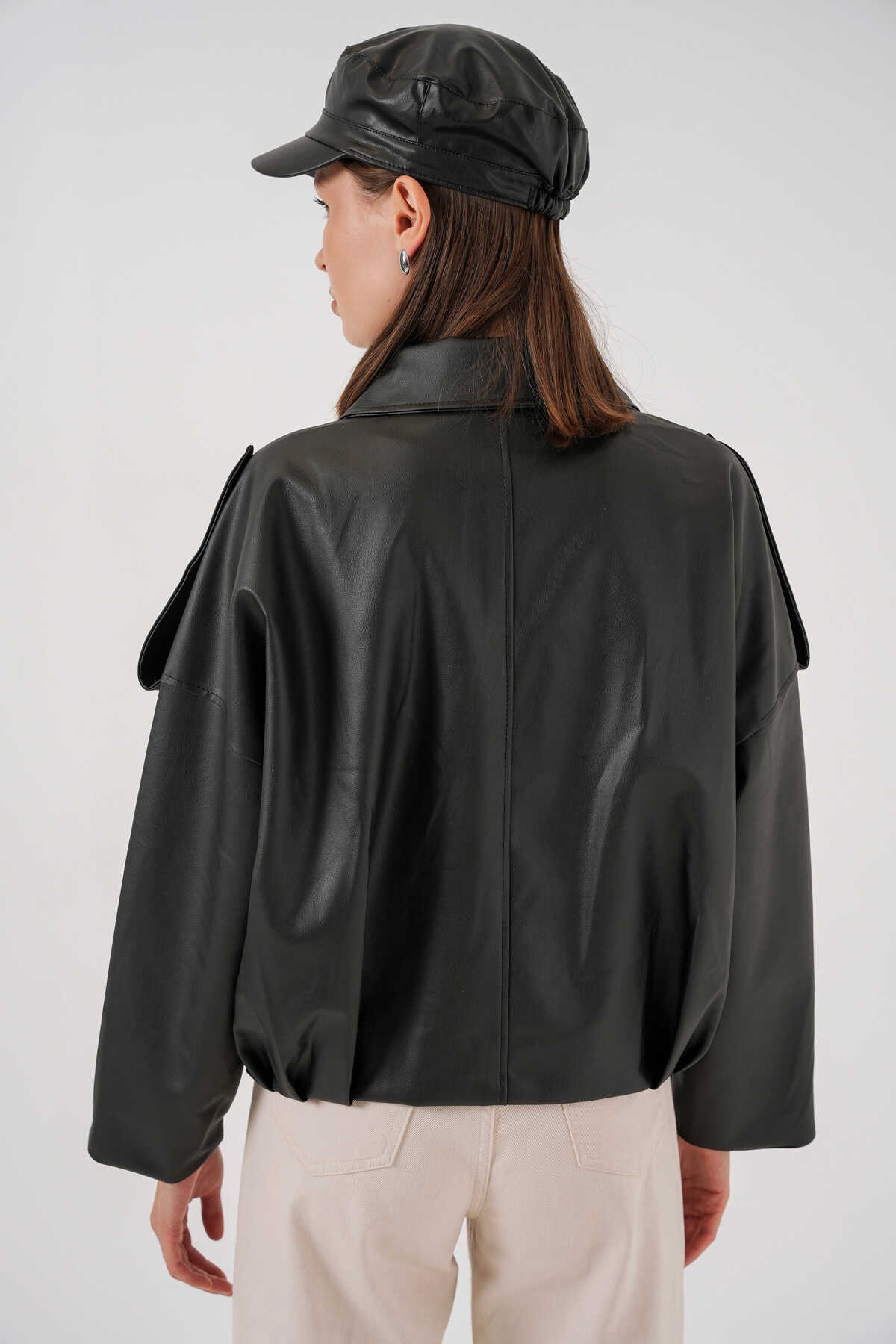 Kadın Oversize Deri Ceket 1055 - Siyah - 7