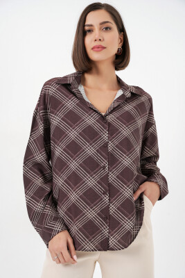 Kadın Oversize Desenli Gömlek 20372 - Kahverengi - 3
