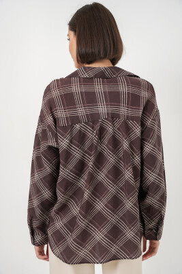 Kadın Oversize Desenli Gömlek 20372 - Kahverengi - 5