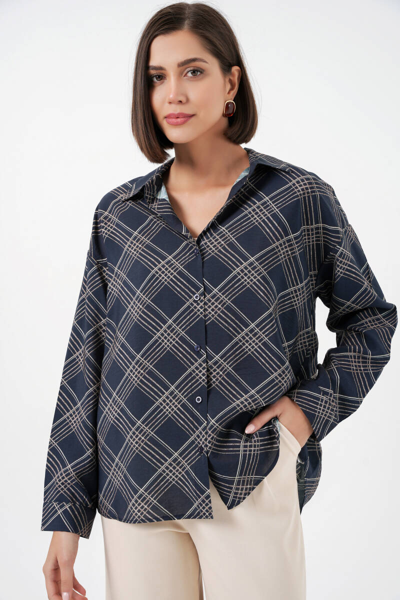 Kadın Oversize Desenli Gömlek 20372 - Lacivert - BİGDART