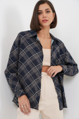 Kadın Oversize Desenli Gömlek 20372 - Lacivert - 3