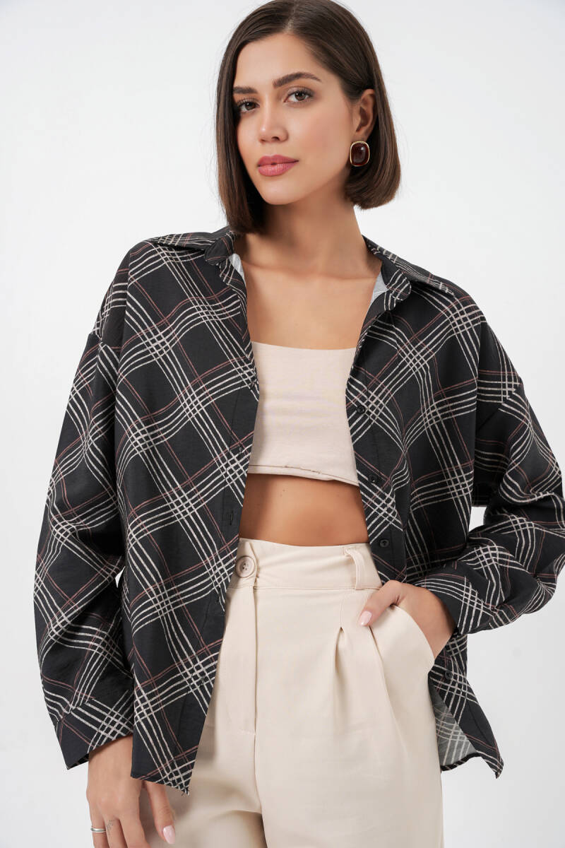 Kadın Oversize Desenli Gömlek 20372 - Siyah - BİGDART