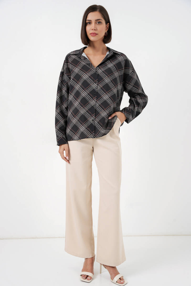 Kadın Oversize Desenli Gömlek 20372 - Siyah (1)