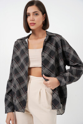 Kadın Oversize Desenli Gömlek 20372 - Siyah - 3