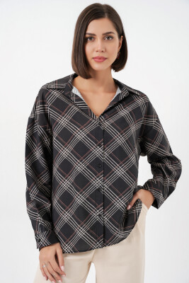 Kadın Oversize Desenli Gömlek 20372 - Siyah - 4
