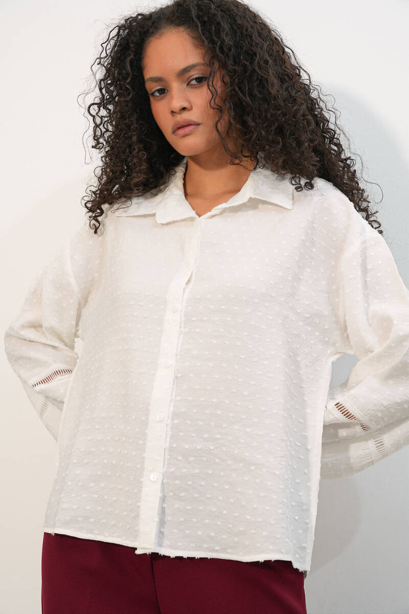 Kadın Oversize Desenli Gömlek 20379 - Beyaz - BİGDART