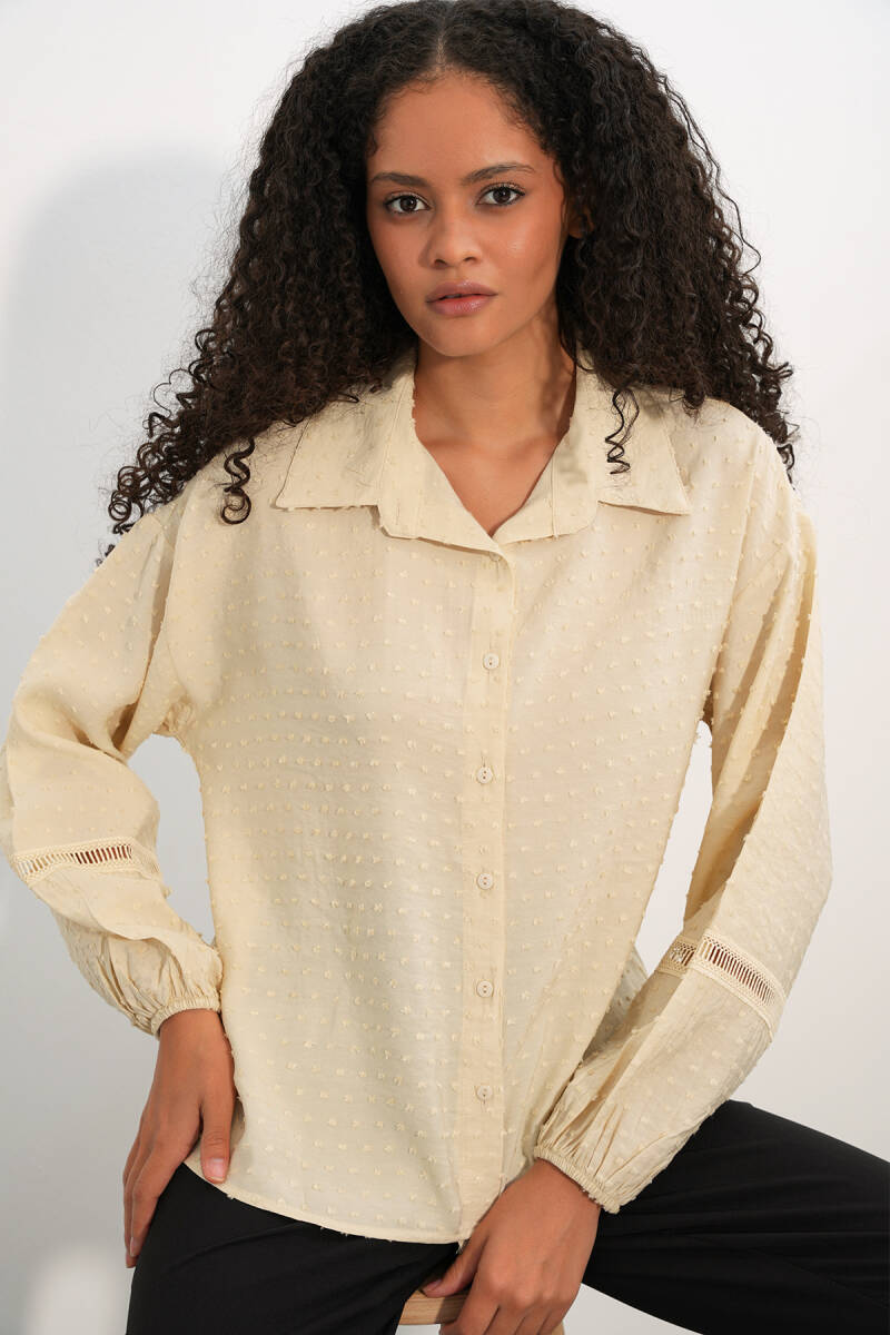 Kadın Oversize Desenli Gömlek 20379 - Krem - BİGDART