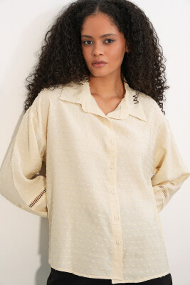 Kadın Oversize Desenli Gömlek 20379 - Krem - 3