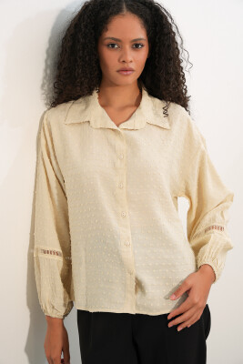 Kadın Oversize Desenli Gömlek 20379 - Krem - 4