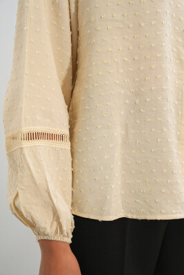 Kadın Oversize Desenli Gömlek 20379 - Krem - 5