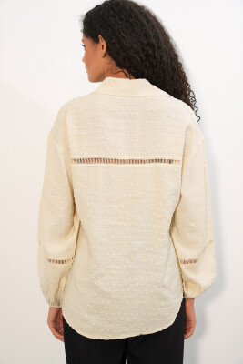 Kadın Oversize Desenli Gömlek 20379 - Krem - 6