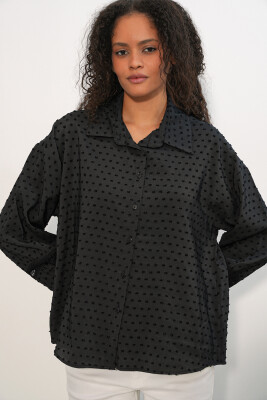 Kadın Oversize Desenli Gömlek 20379 - Siyah - 4