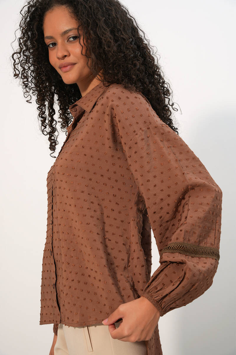 Kadın Oversize Desenli Gömlek 20379 - Taba - BİGDART