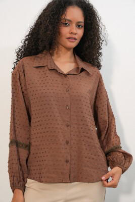 Kadın Oversize Desenli Gömlek 20379 - Taba - 4