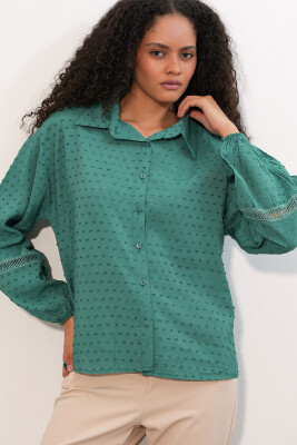Kadın Oversize Desenli Gömlek 20379 - Zümrüt Yeşili - BİGDART