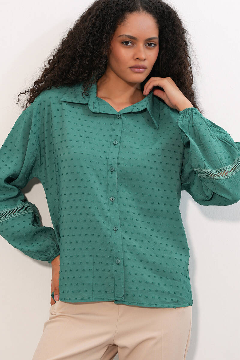 Kadın Oversize Desenli Gömlek 20379 - Zümrüt Yeşili - BİGDART