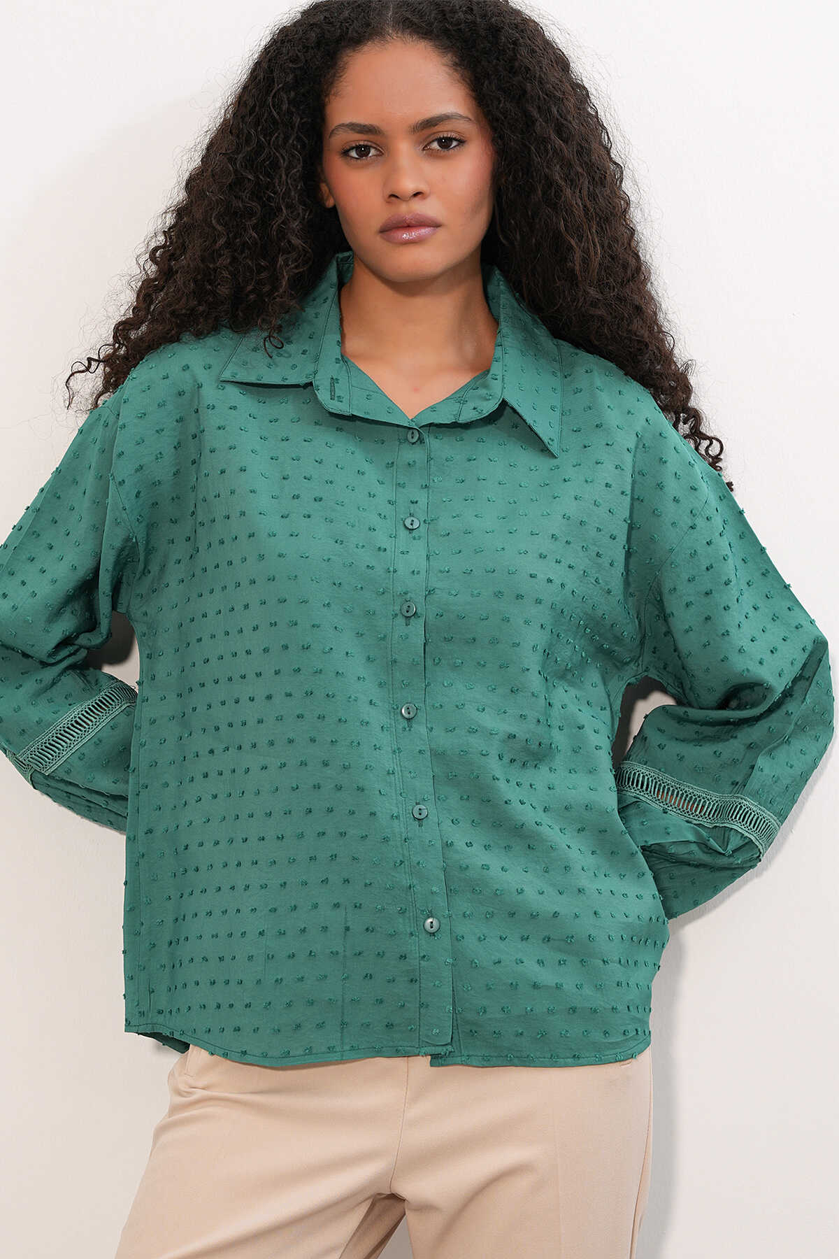 Kadın Oversize Desenli Gömlek 20379 - Zümrüt Yeşili - 2