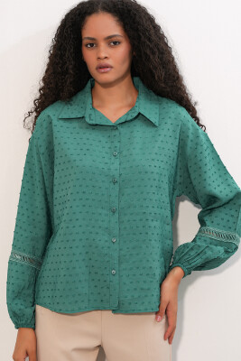 Kadın Oversize Desenli Gömlek 20379 - Zümrüt Yeşili - 3