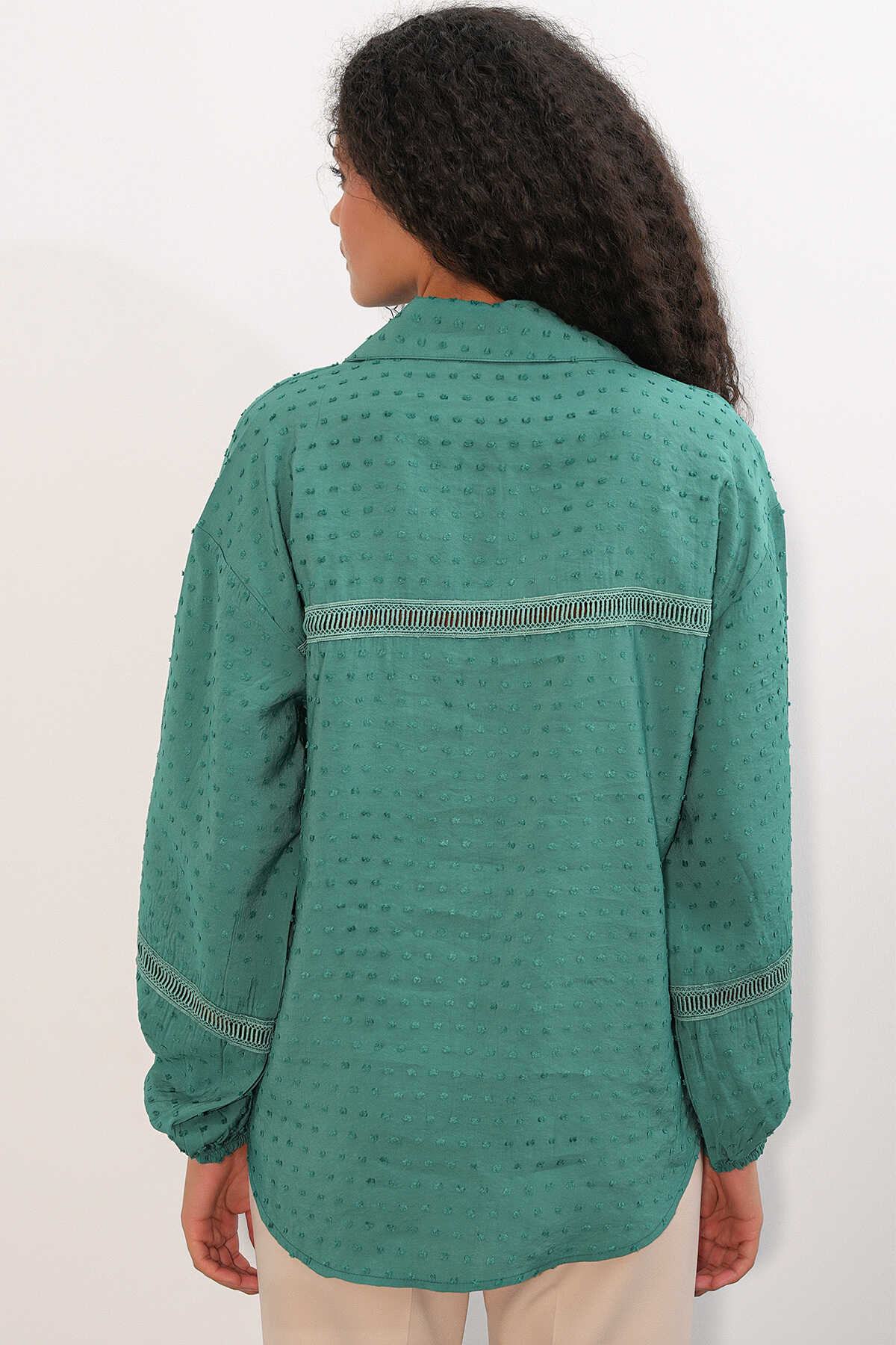 Kadın Oversize Desenli Gömlek 20379 - Zümrüt Yeşili - 5
