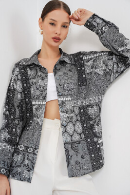 Kadın Oversize Desenli Saten Gömlek 20365 - Antrasit - BİGDART