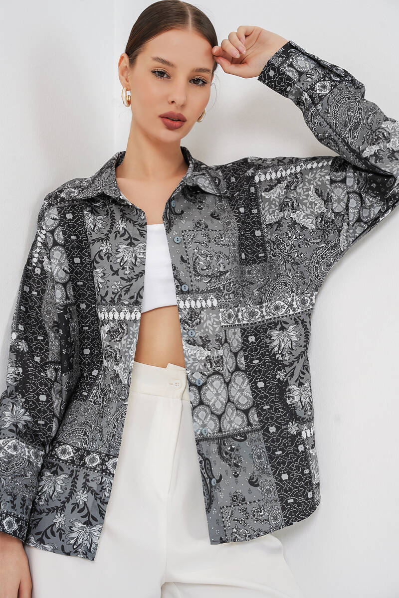 Kadın Oversize Desenli Saten Gömlek 20365 - Antrasit - BİGDART