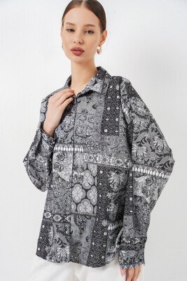 Kadın Oversize Desenli Saten Gömlek 20365 - Antrasit - 3