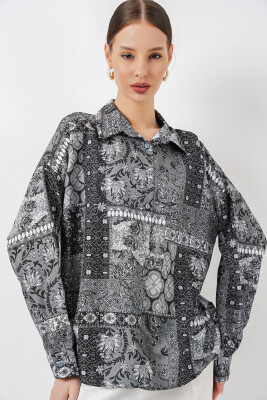 Kadın Oversize Desenli Saten Gömlek 20365 - Antrasit - 5