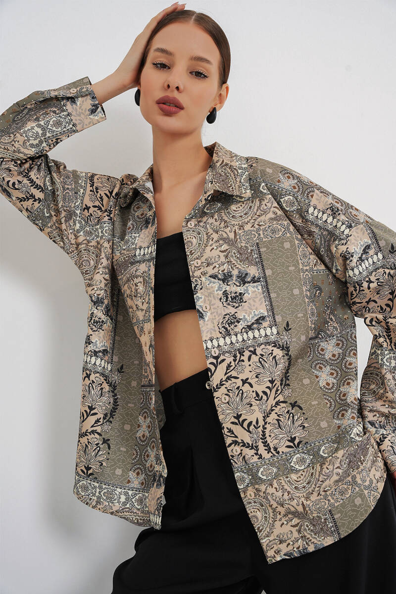 Kadın Oversize Desenli Saten Gömlek 20365 - Çağla - BİGDART