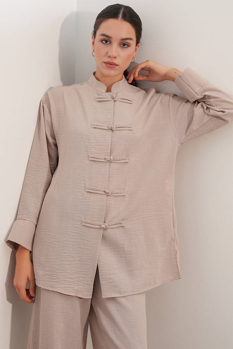 Kadın Oversize Gömlek Pantolon Keten İkili Takım 30126 - Bej (1)