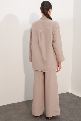 Kadın Oversize Gömlek Pantolon Keten İkili Takım 30126 - Bej - 6