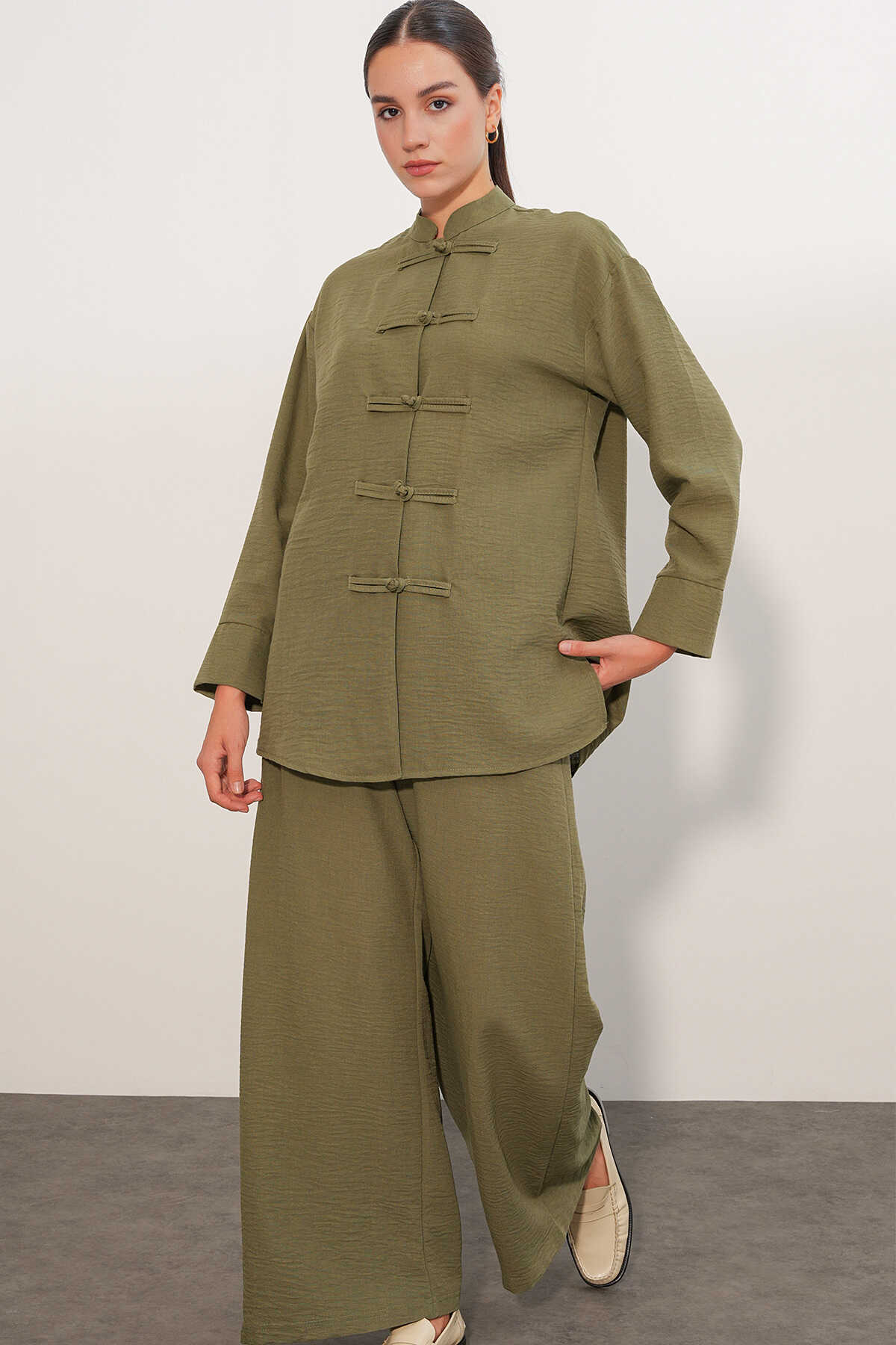 Kadın Oversize Gömlek Pantolon Keten İkili Takım 30126 - Haki - 1