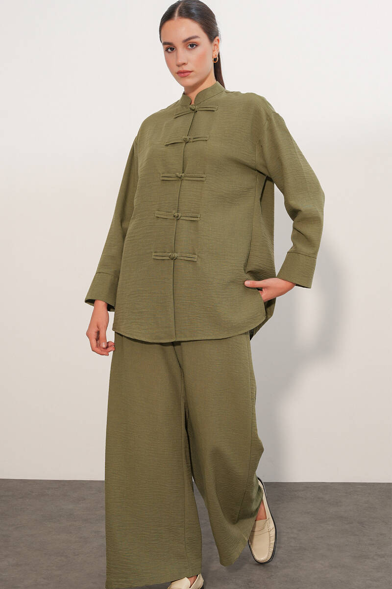 Kadın Oversize Gömlek Pantolon Keten İkili Takım 30126 - Haki