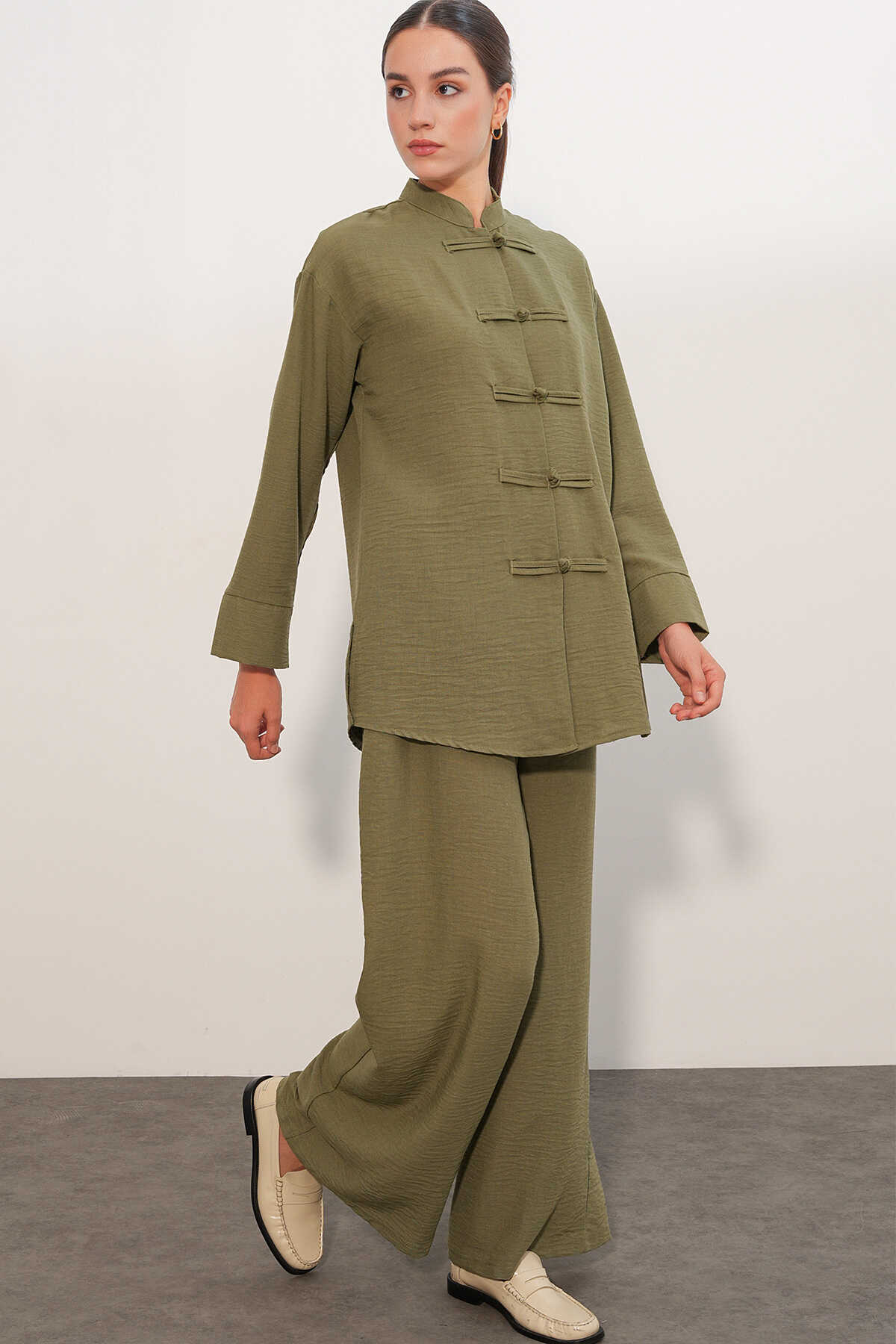 Kadın Oversize Gömlek Pantolon Keten İkili Takım 30126 - Haki - 3