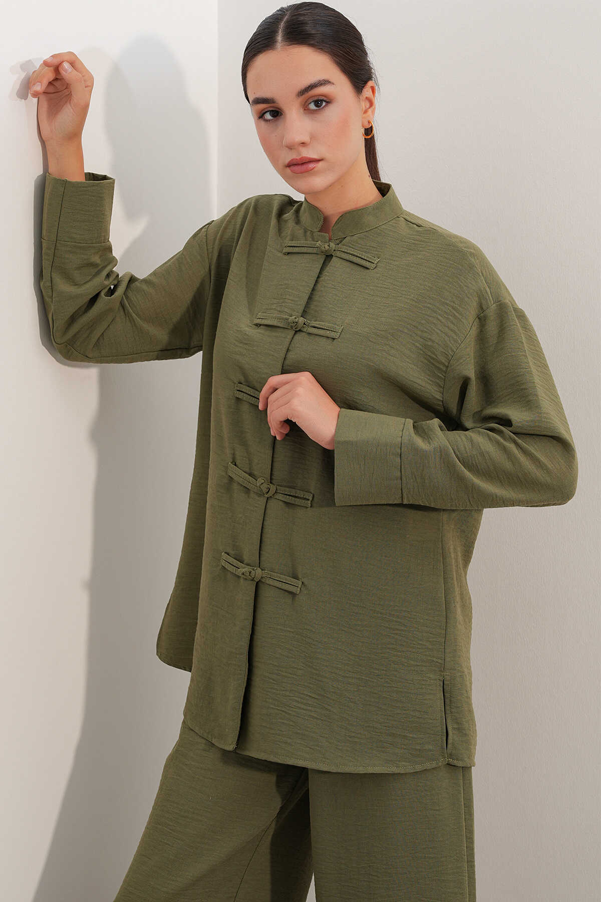 Kadın Oversize Gömlek Pantolon Keten İkili Takım 30126 - Haki - 4