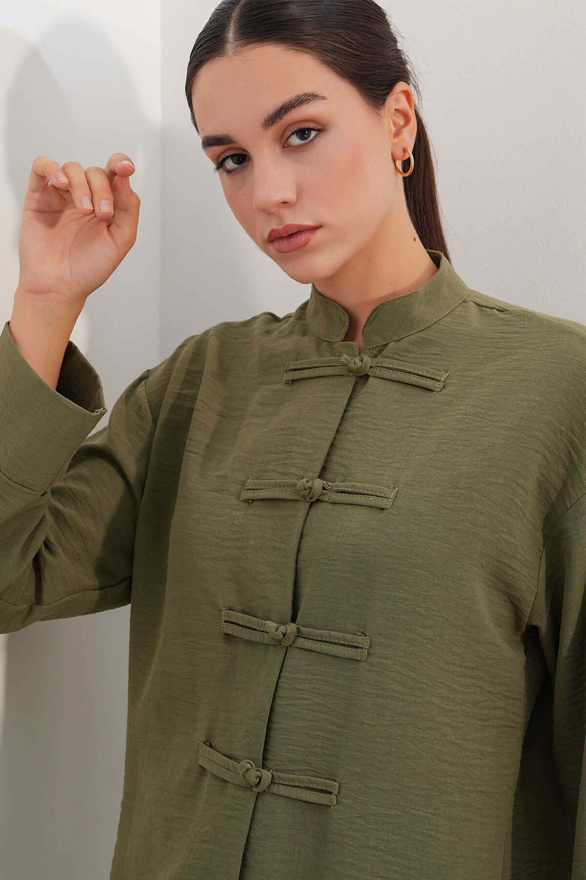 Kadın Oversize Gömlek Pantolon Keten İkili Takım 30126 - Haki - 5