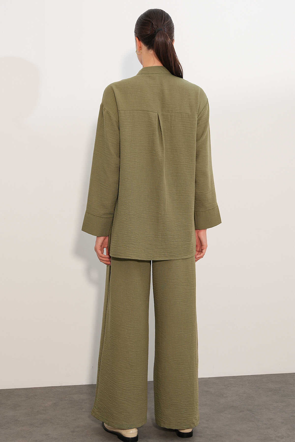 Kadın Oversize Gömlek Pantolon Keten İkili Takım 30126 - Haki - 6
